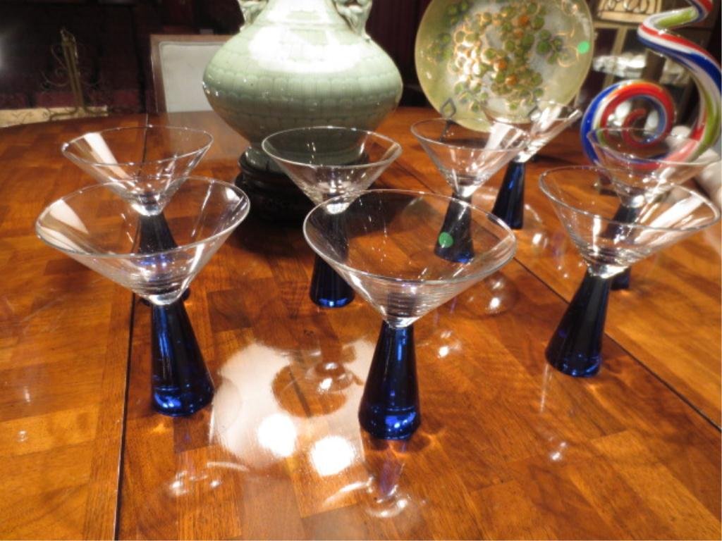 8 ART GLASS MARTINI GLASSES WITH COBALT BLUE BASES, APP: 8 ART GLASS MARTINI GLASSES WITH COBALT BLUE BASES, APPROX 6"H