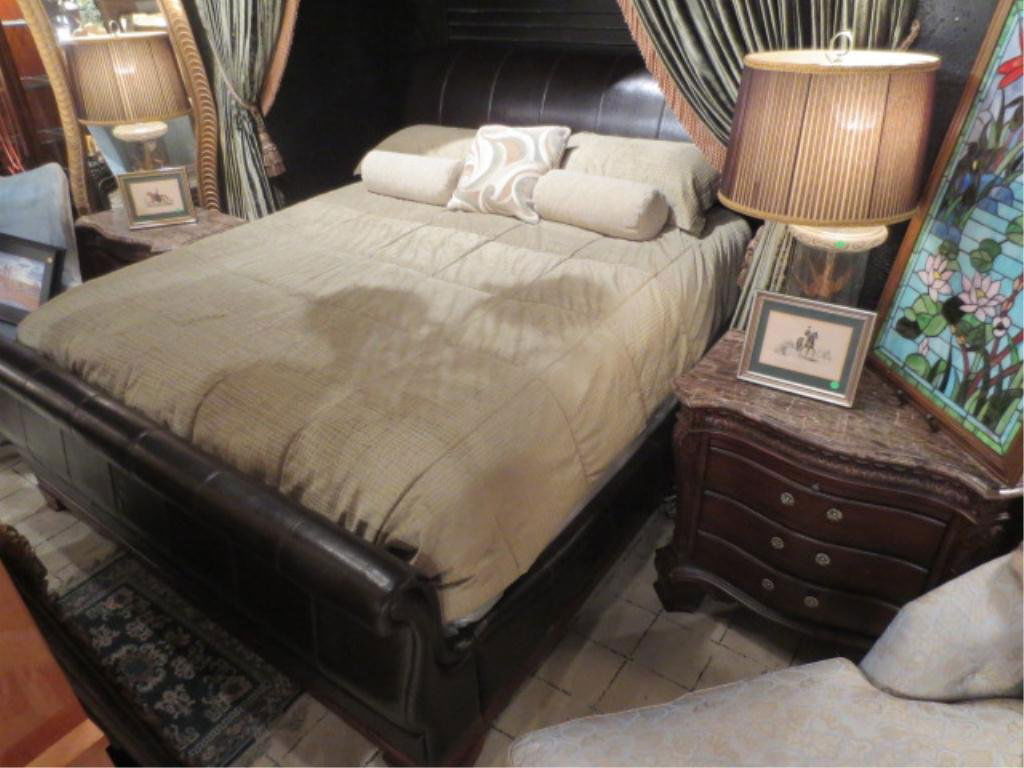 KING SIZE LEATHER SLEIGH BEDROOM SET, INCLUDES LEATHER : KING SIZE LEATHER SLEIGH BEDROOM SET, INCLUDES LEATHER WRAPPED HEADBOARD, FOOTBOARD, AND RAILS, WITH METAL SLATS AND TWO MARBLE TOP NIGHTSTANDS