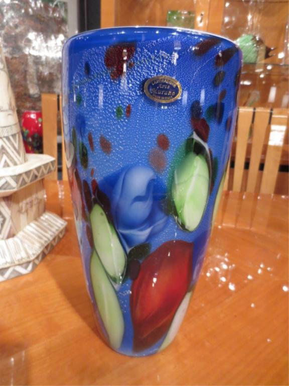 MURANO ART GLASS VASE, BLUE WITH WHITE INTERIOR, WITH M: MURANO ART GLASS VASE, BLUE WITH WHITE INTERIOR, WITH MURANO MADE IN ITALY STICKER, APPROX 12" HIGH