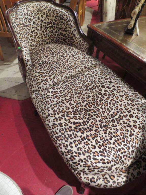 CENTURY FURNITURE LOUIS XV STYLE CHAISE, NATURAL HIDE U: CENTURY FURNITURE LOUIS XV STYLE CHAISE, NATURAL HIDE UPHOLSTERY WITH CHEETAH PRINT, DARK FINISH, NAILHEAD TRIM, DOWN FILLED CUSHIONS, EXCELLENT CONDITION, APPROX 6'L