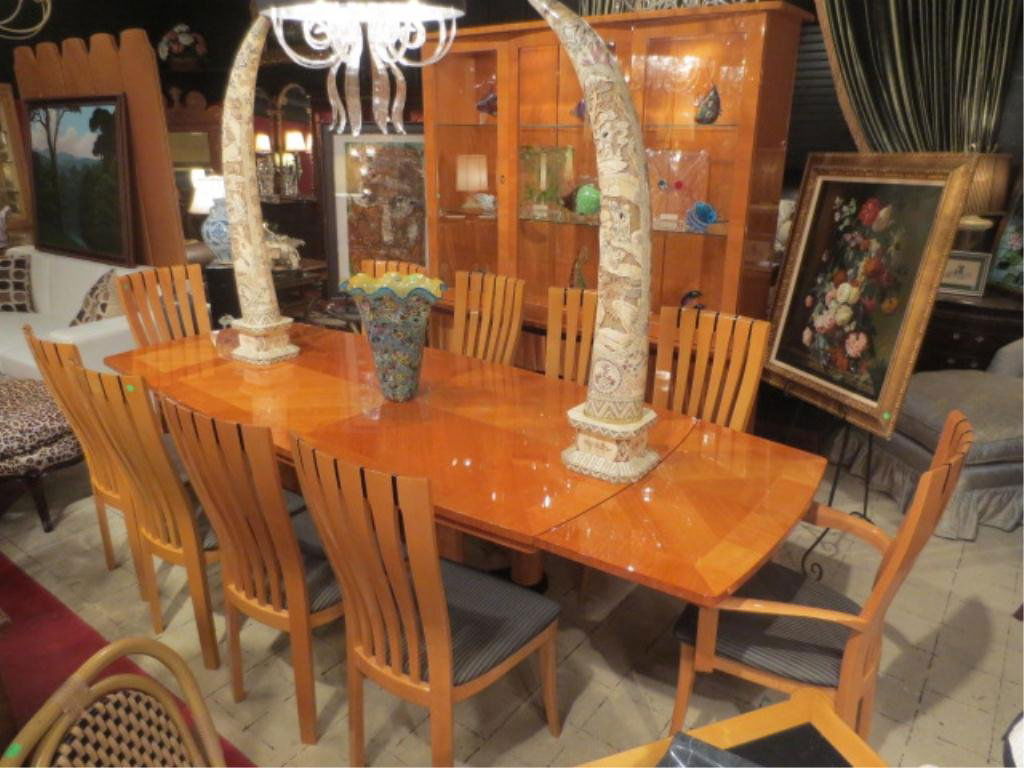 MADE IN ITALY CONTEMPORARY DINING TABLE BY EXCELSIOR, W: MADE IN ITALY CONTEMPORARY DINING TABLE BY EXCELSIOR, WITH BUILT IN EXTENDING LEAVES AND 8 CHAIRS WITH STRIPED GRAY UPHOLSTERY, MATCHING BREAKFRONT SOLD SEPARATELY