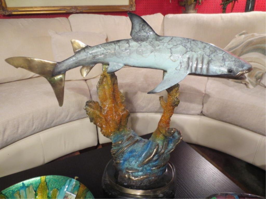 LARGE BRONZE SCULPTURE, SHARK, ENTITLED "LONE HUNTER", : LARGE BRONZE SCULPTURE, SHARK, ENTITLED "LONE HUNTER", PATINATED BRONZE ON MARBLE BASE, LIMITED EDITION #2 OF 300, INSCRIBED W. ARIBU, APPROX 26"H X 31'L