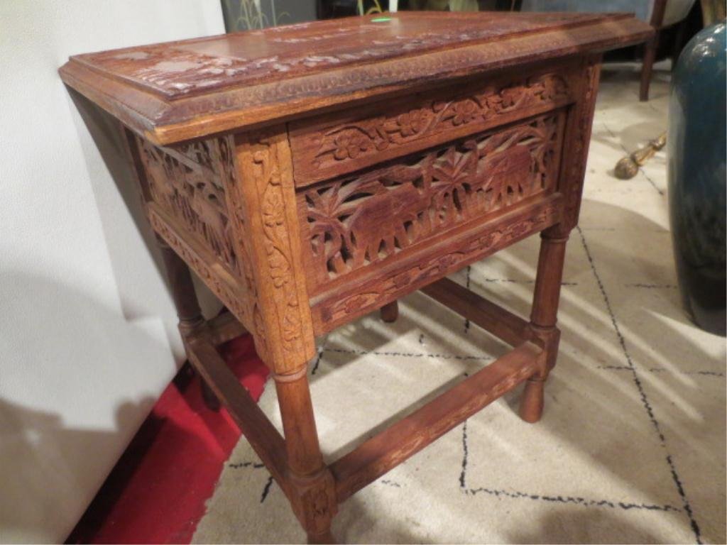 ASIAN CARVED WOOD SIDE TABLE, DARK FINISH, CARVED ELEPH: ASIAN CARVED WOOD SIDE TABLE, DARK FINISH, CARVED ELEPHANTS ON APRON AND TOP, APPROX 20"L
