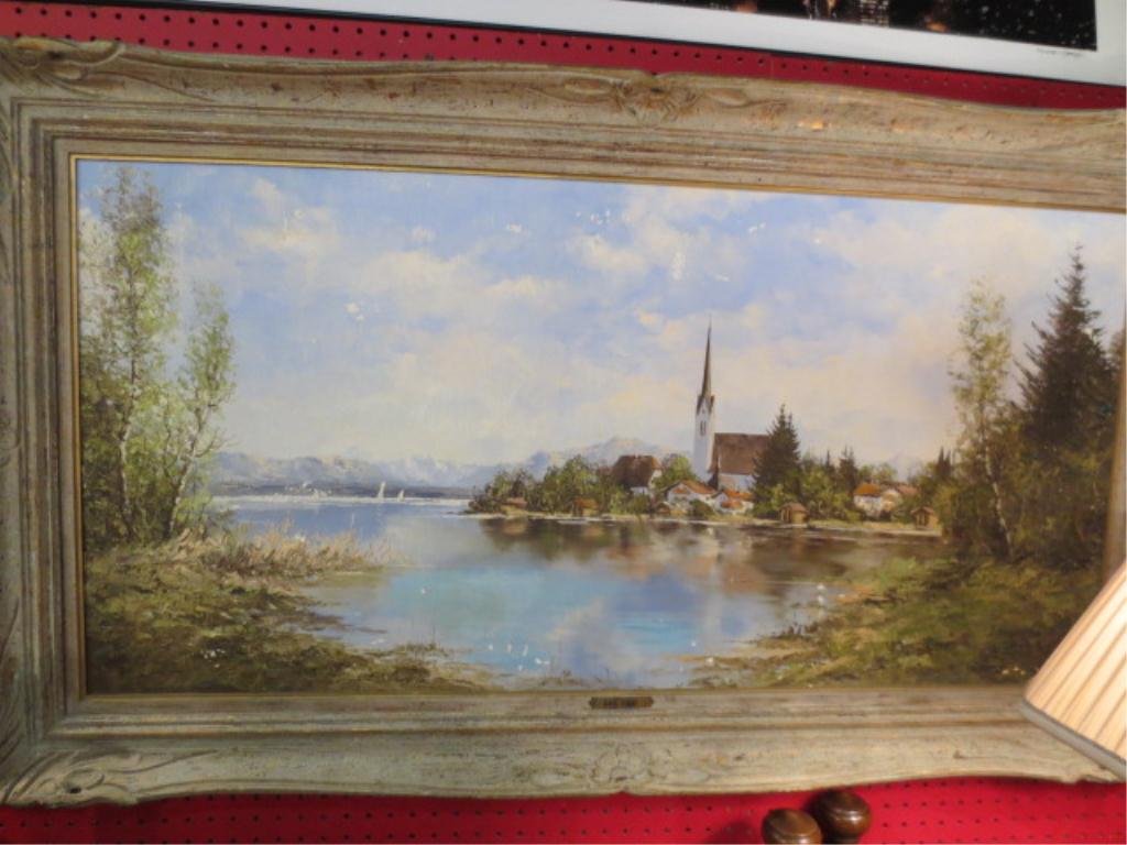 HUGE VINTAGE OIL PAINTING ON CANVAS, HARBOR SCENE WITH : HUGE VINTAGE OIL PAINTING ON CANVAS, HARBOR SCENE WITH CHURCH, SIGNED KURT MOSER LOWER RIGHT, SOME PAINT LOSS, APPROX 31" X 55" FRAMED