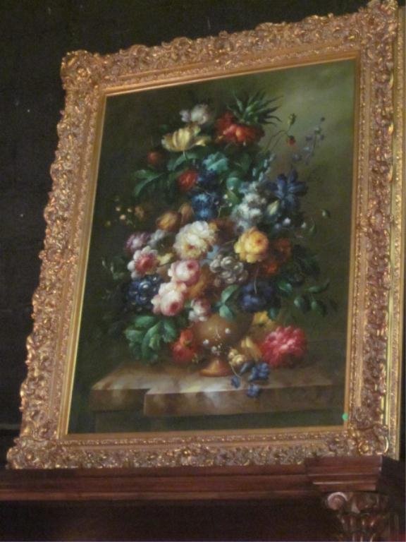 HUGE ORIGINAL OIL PAINTING, FLORAL STILL LIFE, SIGNED B: HUGE ORIGINAL OIL PAINTING, FLORAL STILL LIFE, SIGNED BY ARTIST K. TODD, IN ORNATE GOLD FRAME, MEASURES APPROX 5' X 4' FRAMED