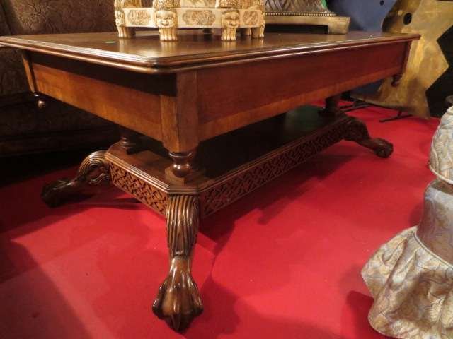 CHIPPENDALE STYLE COFFEE TABLE, BALL AND CLAW FEET, DAR: CHIPPENDALE STYLE COFFEE TABLE, BALL AND CLAW FEET, DARK FINISH, APPROX 4'L