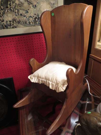 VINTAGE CHILD SIZE WOOD WINGBACK ROCKER, DARK FINISH, W: VINTAGE CHILD SIZE WOOD WINGBACK ROCKER, DARK FINISH, WITH CUSHION, APPROX 2'H