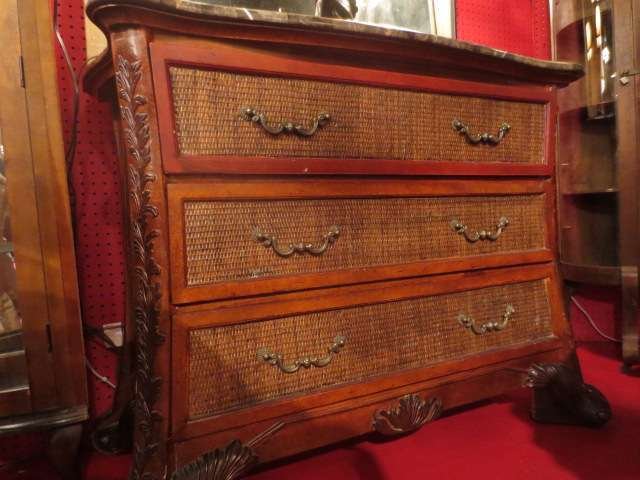 3 DRAWER MARBLE TOP CHEST, RATTAN PANELS ON DRAWERS, AP: 3 DRAWER MARBLE TOP CHEST, RATTAN PANELS ON DRAWERS, APPROX 4'L