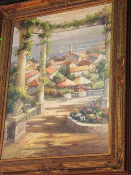 HUGE OIL PAINTING ON CANVAS, TERRACE WITH COLUMNS & FLO: HUGE OIL PAINTING ON CANVAS, TERRACE WITH COLUMNS & FLOWERS, APPROX 4 FT X 3 FT