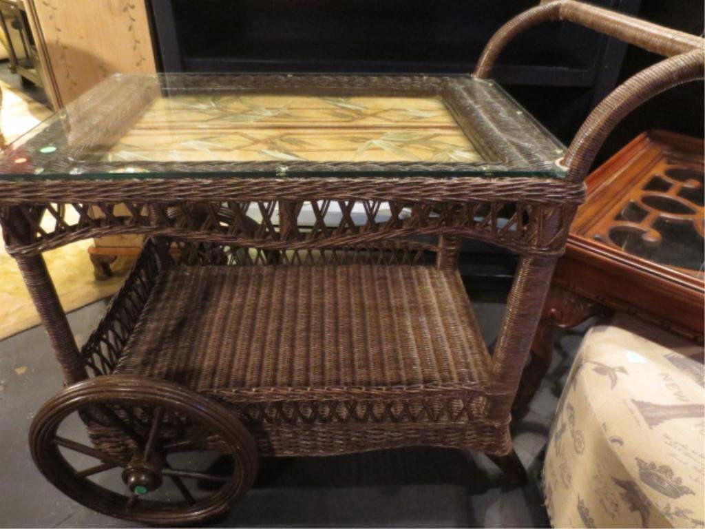 RATTAN BAR CART WITH PALM MOTIF TOP, APPROX 4'L: RATTAN BAR CART WITH PALM MOTIF TOP, APPROX 4'L