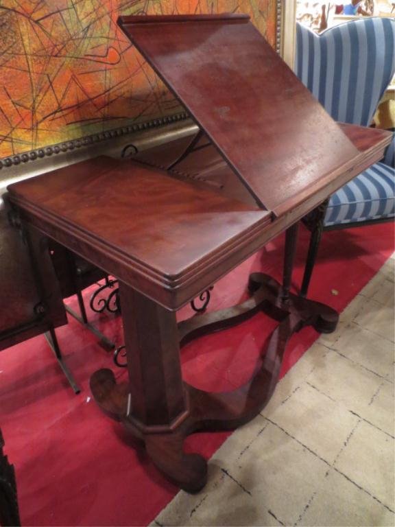 ANTIQUE MAHOGANY FOLDING MUSIC STAND, RIGHT LEG FOLDS U: ANTIQUE MAHOGANY FOLDING MUSIC STAND, RIGHT LEG FOLDS UP INTO BASE AND TOP FOLDS SO IT CAN BE PORTABLE, APPROX 3.5'L