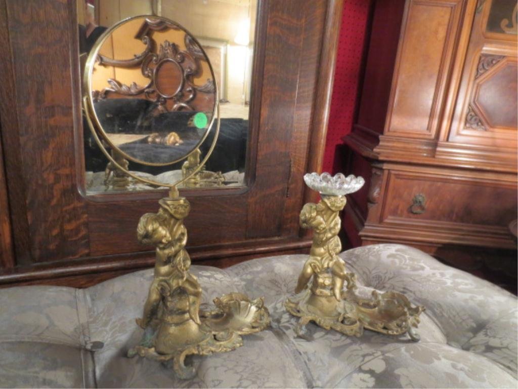 VINTAGE BRONZE & CRYSTAL VANITY SET, MIRROR & SOAPHOLDE: VINTAGE BRONZE & CRYSTAL VANITY SET, MIRROR & SOAPHOLDER, MIRROR APPROX 15.5"H