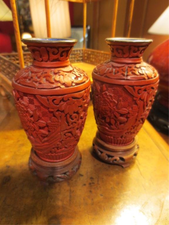 2 CHINESE CARVED CINNABAR URNS, APPROX 5"H, SOLD TOGETH: 2 CHINESE CARVED CINNABAR URNS, APPROX 5"H, SOLD TOGETHER