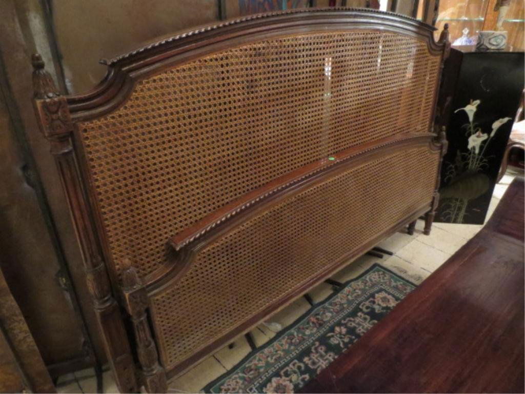 VINTAGE QUEEN BED, DARK FINISH CANE INSET HEADBOARD AND: VINTAGE QUEEN BED, DARK FINISH CANE INSET HEADBOARD AND FOOTBOARD, INCLUDES RAILS, VERY GOOD CONDITION