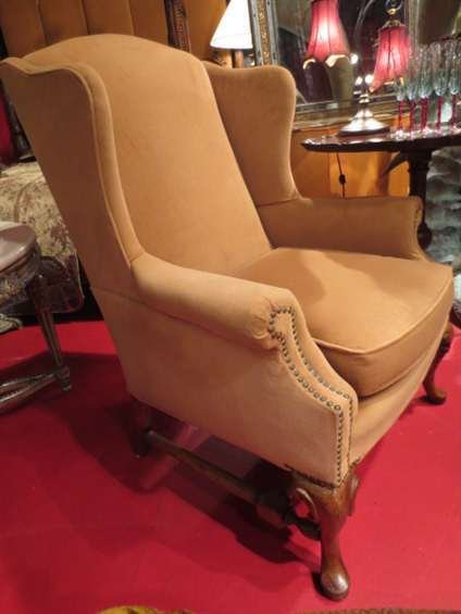 WINGBACK ARMCHAIR, LIGHT COCOA VELVET UPHOLSTERY, NAILH: WINGBACK ARMCHAIR, LIGHT COCOA VELVET UPHOLSTERY, NAILHEAD TRIM, EXCELLENT CONDITION