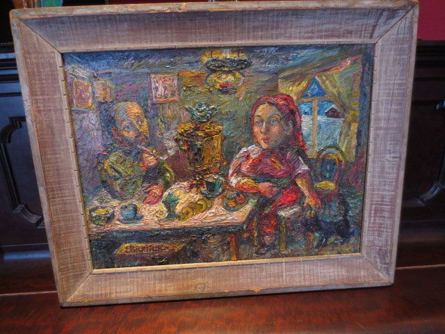DAVID DAVIDOVICH CHERSON BURLIUK (1882-1967) PAINTING: DAVID DAVIDOVICH CHERSON BURLIUK (RUSSIAN/AMERICAN, 1882-1967) "TEA PARTY" ORIGINAL OIL PAINTING, IMAGE SIZE APPROX 18" X 24", FRAMED SIZE APPROX 24" X 30". PROVENANCE: EVALUATED BY AAA CERTIFIED FINE