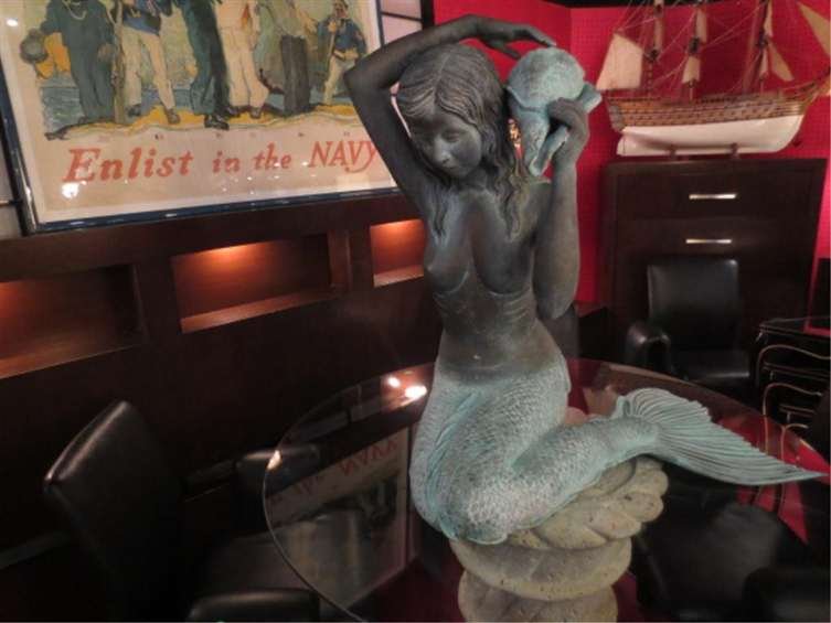 HUGE BRONZE GARDEN SCULPTURE / FOUNTAIN - MERMAID - INS: HUGE BRONZE GARDEN SCULPTURE / FOUNTAIN - MERMAID - INSCRIBED LEONARDO ROSSI - APPROX 31" HIGH