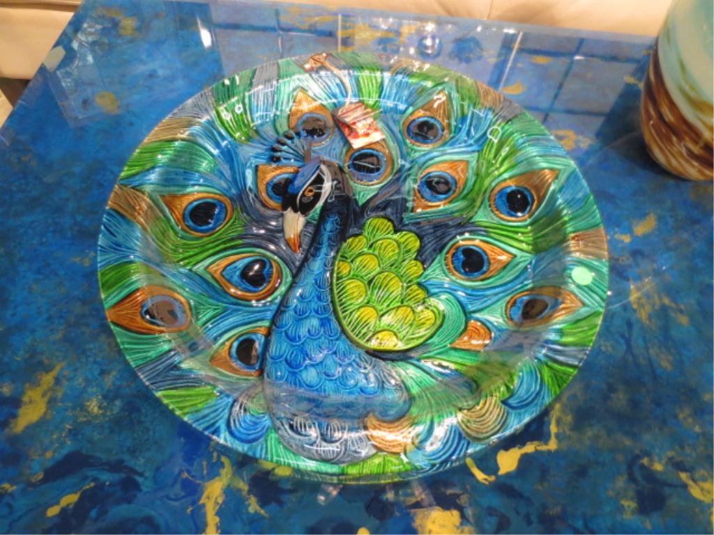 HUGE CENTERPIECE ART GLASS PEACOCK PLATTER, MADE IN ITA: HUGE CENTERPIECE ART GLASS PEACOCK PLATTER, MADE IN ITALY, APPROX 19.5" DIAMETER