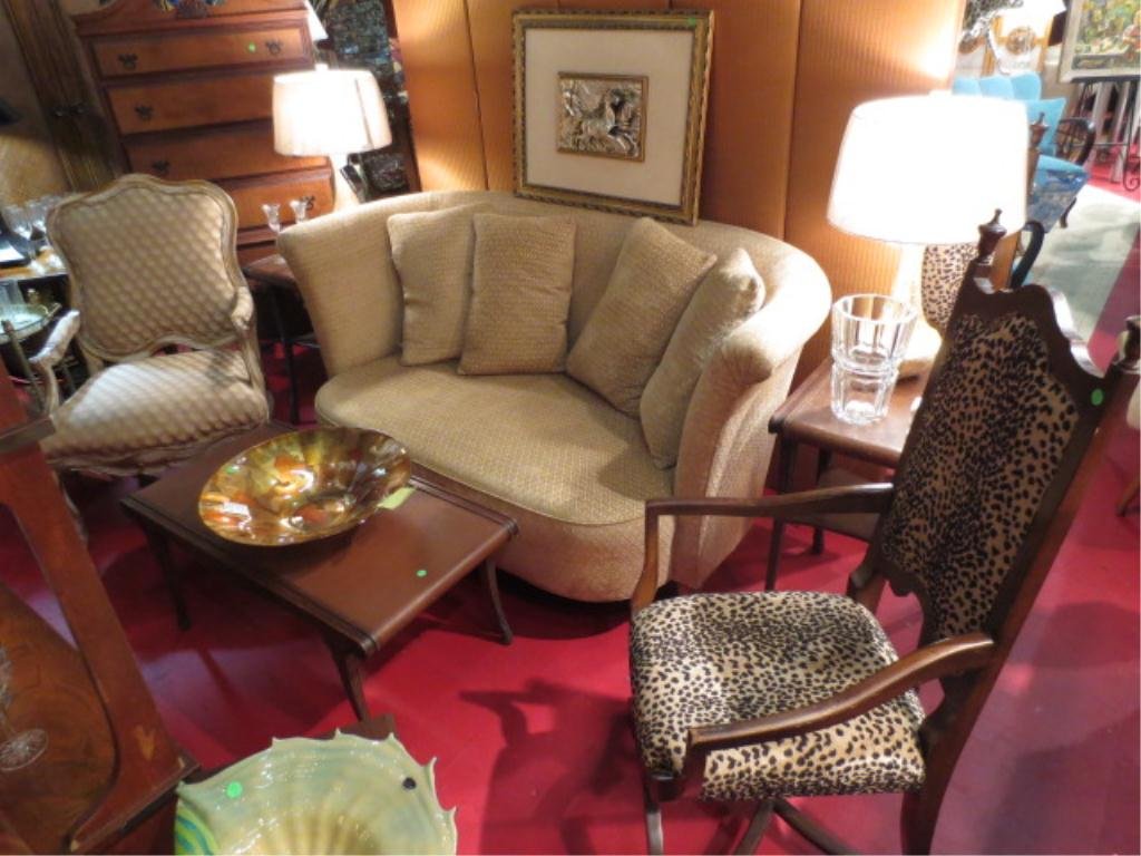 CONTEMPORARY SHELLBACK LOVESEAT, FOUR DOWN FILLED CUSHI: CONTEMPORARY SHELLBACK LOVESEAT, FOUR DOWN FILLED CUSHIONS, GOLD CHENILLE UPHOLSTERY