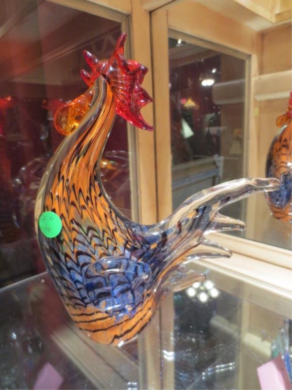 MURANO STYLE ART GLASS CROWING ROOSTER, BLUE & ORANGE B: MURANO STYLE ART GLASS CROWING ROOSTER, BLUE & ORANGE BODY, APPROX 9.25" HIGH