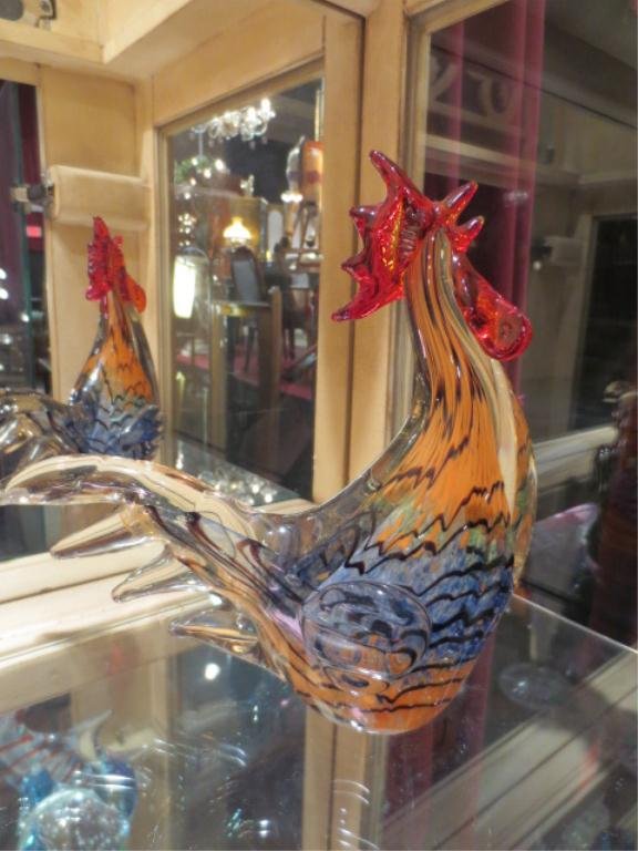 MURANO STYLE ART GLASS CROWING ROOSTER, BLUE & ORANGE B: MURANO STYLE ART GLASS CROWING ROOSTER, BLUE & ORANGE BODY, APPROX 8.5" HIGH