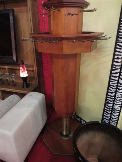 REVOLVING HANGING RACK, WOOD AND BRASS, APPROX 6'H: REVOLVING HANGING RACK, WOOD AND BRASS, APPROX 6'H