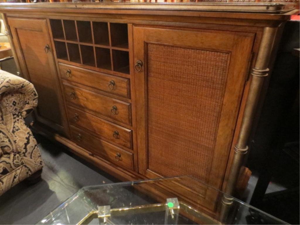 TROPICAL STYLE SIDEBOARD/BAR CABINET BY JT MICHAEL DESI: TROPICAL STYLE SIDEBOARD/BAR CABINET BY JT MICHAEL DESIGNS, WITH WINE RACK, RATTAN INSET PANELS ON DOORS, APPROX 6'L ** PLEASE NOTE: ARRANGEMENTS FOR SHIPPING AND PACKAGING ARE THE SOLE RESPONSIBILITY
