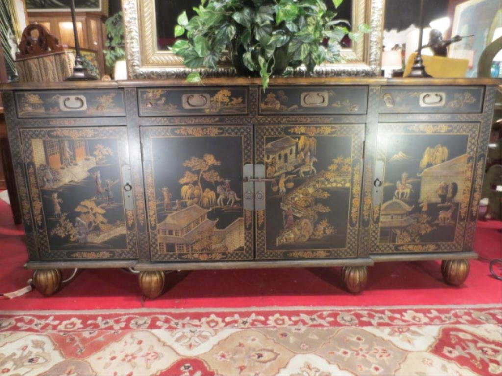 CHINESE STYLE SIDEBOARD, BLACK LACQUER WITH PAINTED LAN: CHINESE STYLE SIDEBOARD, BLACK LACQUER WITH PAINTED LANDSCAPES AND FIGURES, EXCELLENT CONDITION, APPROX 6'L ** PLEASE NOTE: ARRANGEMENTS FOR SHIPPING AND PACKAGING ARE THE SOLE RESPONSIBILITY OF THE W