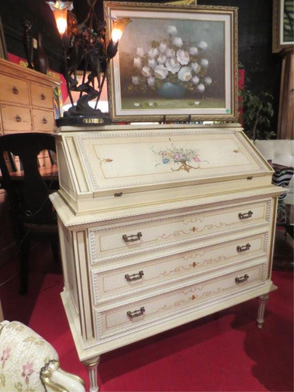 #2 OF TWO AVAILABLE LOUIS XVI STYLE DROPFRONT SECRETARY: #2 OF TWO AVAILABLE LOUIS XVI STYLE DROPFRONT SECRETARY DESKS, ANTIQUE WHITE FINISH WITH PAINTED FLORAL BOUQUETS, 3 DRAWERS, BEVELED CREAM MARBLE TOP, MADE IN ITALY ** PLEASE NOTE: ARRANGEMENTS FOR SH