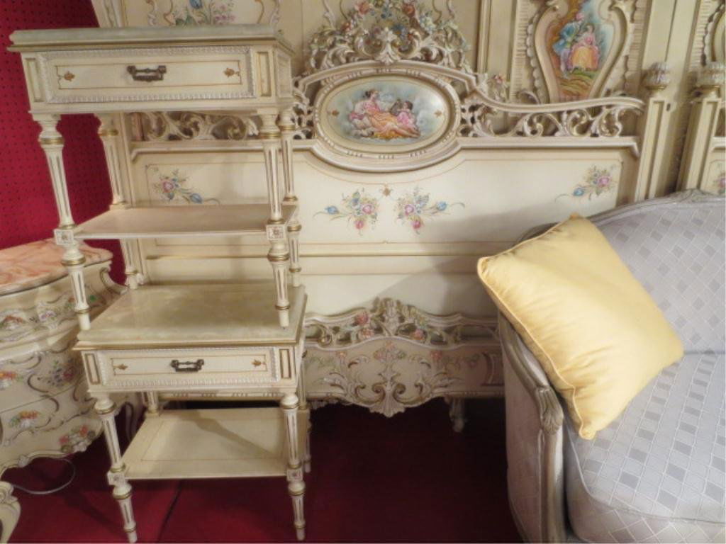 #1 OF TWO AVAILABLE ITALIAN ROCOCO QUEEN BEDROOM SETS, : #1 OF TWO AVAILABLE ITALIAN ROCOCO QUEEN BEDROOM SETS, CARVED WOOD FLOWERS, PAINTED FIGURAL MEDALLIONS, INCLUDES QUEEN HEADBOARD AND FOOTBOARD, PAIR OF MARBLE TOP NIGHTSTANDS, EACH BEDROOM SOLD SEPARA
