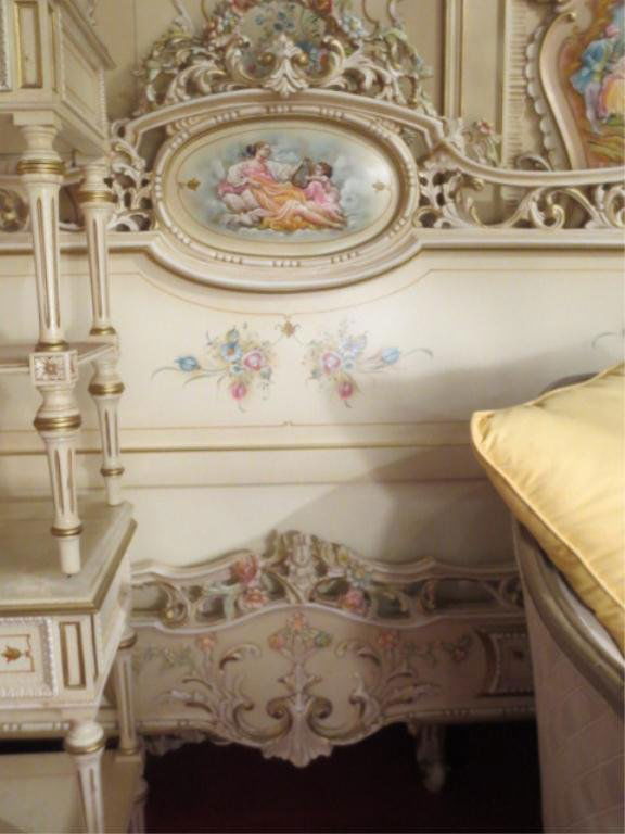 #2 OF TWO AVAILABLE ITALIAN ROCOCO QUEEN BEDROOM SETS, : #2 OF TWO AVAILABLE ITALIAN ROCOCO QUEEN BEDROOM SETS, CARVED WOOD FLOWERS, PAINTED FIGURAL MEDALLIONS, INCLUDES QUEEN HEADBOARD AND FOOTBOARD, PAIR OF MARBLE TOP NIGHTSTANDS, EACH BEDROOM SOLD SEPARA