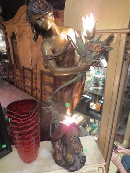 LARGE VINTAGE BRONZE FIGURAL LAMP, WOMAN WITH WHEAT, AF: LARGE VINTAGE BRONZE FIGURAL LAMP, WOMAN WITH WHEAT, AFTER MOREAU, 3 LIGHTS, APPROX 35"H "** PLEASE NOTE: ARRANGEMENTS FOR SHIPPING AND PACKAGING ARE THE SOLE RESPONSIBILITY OF THE WINNING BIDDER. THE