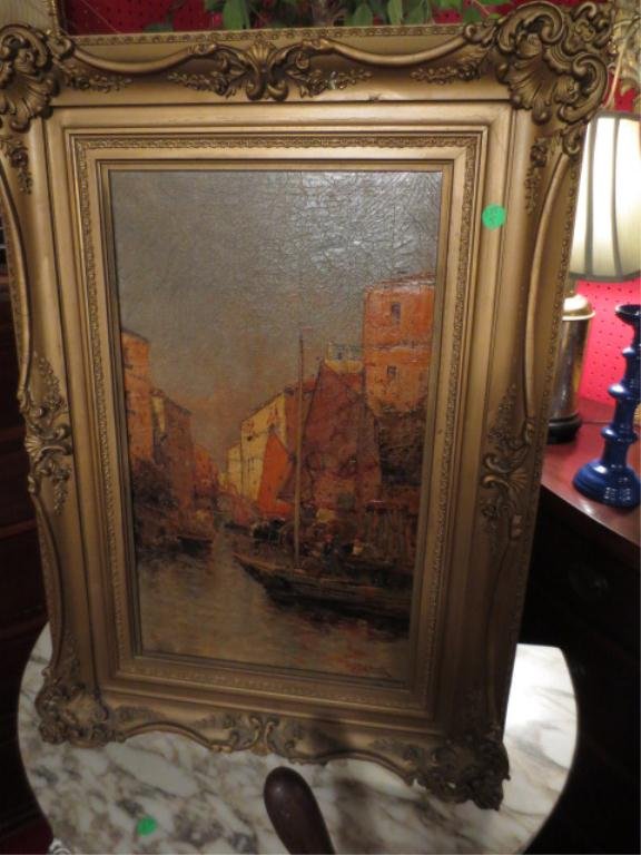 OIL PAINTING ON CANVAS, VENICE CANAL SCENE, SIGNED P. M: OIL PAINTING ON CANVAS, VENICE CANAL SCENE, SIGNED P. MORETTI, APPROX 29" X 21" FRAMED "** PLEASE NOTE: ARRANGEMENTS FOR SHIPPING AND PACKAGING ARE THE SOLE RESPONSIBILITY OF THE WINNING BIDDER. THE A