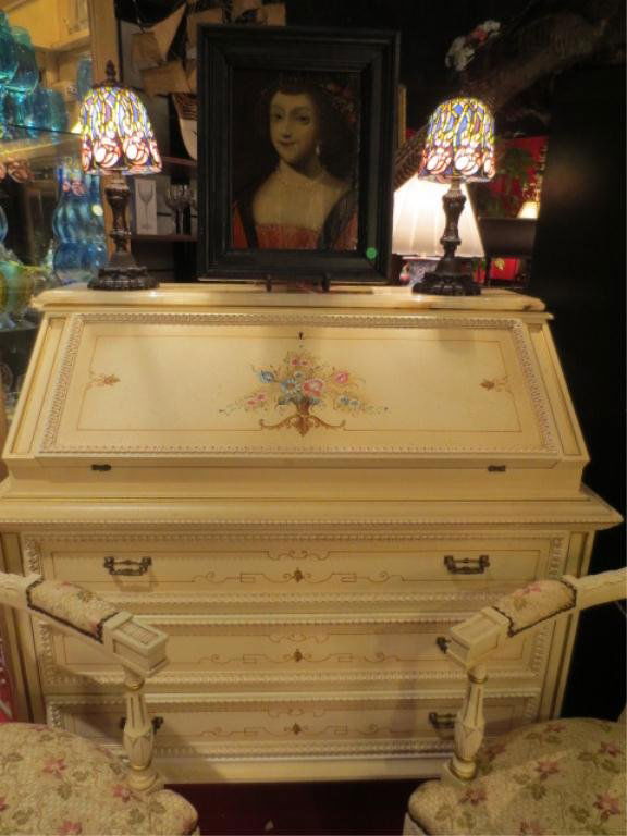 #1 OF TWO AVAILABLE LOUIS XVI STYLE DROPFRONT SECRETARY: #1 OF TWO AVAILABLE LOUIS XVI STYLE DROPFRONT SECRETARY DESKS, ANTIQUE WHITE FINISH WITH PAINTED FLORAL BOUQUETS, 3 DRAWERS, BEVELED CREAM MARBLE TOP, MADE IN ITALY "** PLEASE NOTE: ARRANGEMENTS FOR S