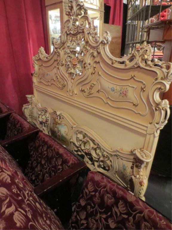 ROCOCO KING SIZE BED, WHITE FINISH WITH CARVED FLOWERS,: ROCOCO KING SIZE BED, WHITE FINISH WITH CARVED FLOWERS, CHIP TO CENTER CREST, INCLUDES HEADBOARD AND FOOTBOARD "** PLEASE NOTE: ARRANGEMENTS FOR SHIPPING AND PACKAGING ARE THE SOLE RESPONSIBILITY OF T
