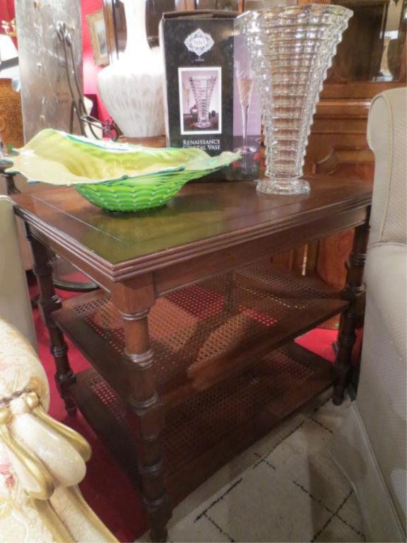 ETHAN ALLEN TABLE, 2 TIERS WITH CANE INSETS, SIGNED ETH: ETHAN ALLEN TABLE, 2 TIERS WITH CANE INSETS, SIGNED ETHAN ALLEN ON BOTTOM, EXCELLENT CONDITION, APPROX 35"L "** PLEASE NOTE: ARRANGEMENTS FOR SHIPPING AND PACKAGING ARE THE SOLE RESPONSIBILITY OF THE