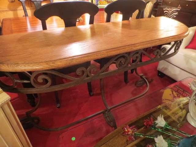 DCOTA DESIGNER IRON AND OAK CONSOLE TABLE BY MINTON-SPI: DCOTA DESIGNER IRON AND OAK CONSOLE TABLE BY MINTON-SPIDELL, DEMI-LUNE TOP, VERY GOOD CONDITION, APPROX 6'L "** PLEASE NOTE: ARRANGEMENTS FOR SHIPPING AND PACKAGING ARE THE SOLE RESPONSIBILITY OF THE 
