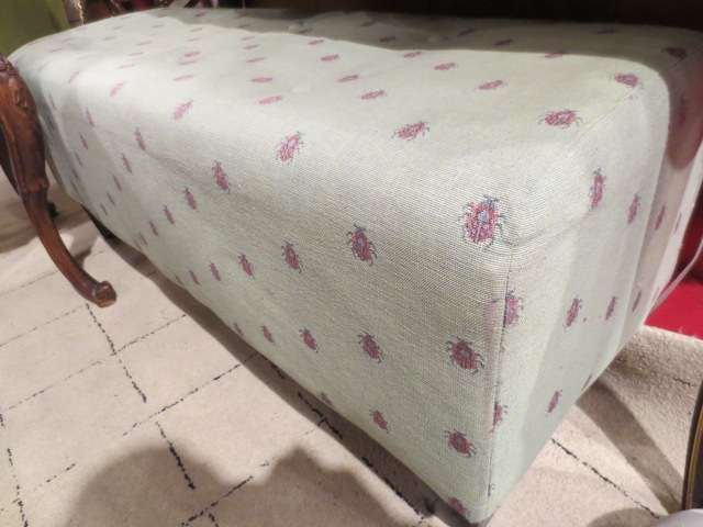 TUFTED BENCH/OTTOMAN, GREEN UPHOLSTERY WITH SMALL LADYB: TUFTED BENCH/OTTOMAN, GREEN UPHOLSTERY WITH SMALL LADYBUG PRINT, VERY GOOD CONDITION, APPROX 4'L ~~~ PLEASE NOTE: ARRANGEMENTS FOR SHIPPING AND PACKAGING ARE THE SOLE RESPONSIBILITY OF THE WINNING BID