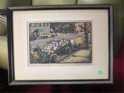 WOLDEMAR NEUFELD (RUSSIAN/AMERICAN 1909-2002) "THE FLOW: WOLDEMAR NEUFELD (RUSSIAN/AMERICAN 1909-2002) "THE FLOWER WAGON" WOOD ENGRAVING, PENCIL TITLED, SIGNED & INSCRIBED "ED 50", APPROX 15" X 20" FRAMED ~~~ PLEASE NOTE: ARRANGEMENTS FOR SHIPPING AND