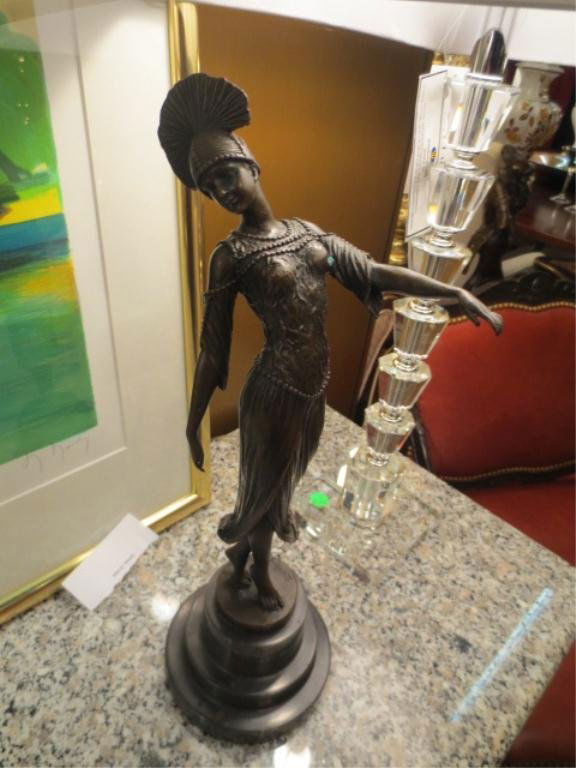 BRONZE SCULPTURE ON MARBLE BASE, ART DECO DANCER WITH F: BRONZE SCULPTURE ON MARBLE BASE, ART DECO DANCER WITH FAN HEADRESS, AFTER CHIPARUS, 15.75"H ON BASE ~~~ PLEASE NOTE: ARRANGEMENTS FOR SHIPPING AND PACKAGING ARE THE SOLE RESPONSIBILITY OF THE WINNING