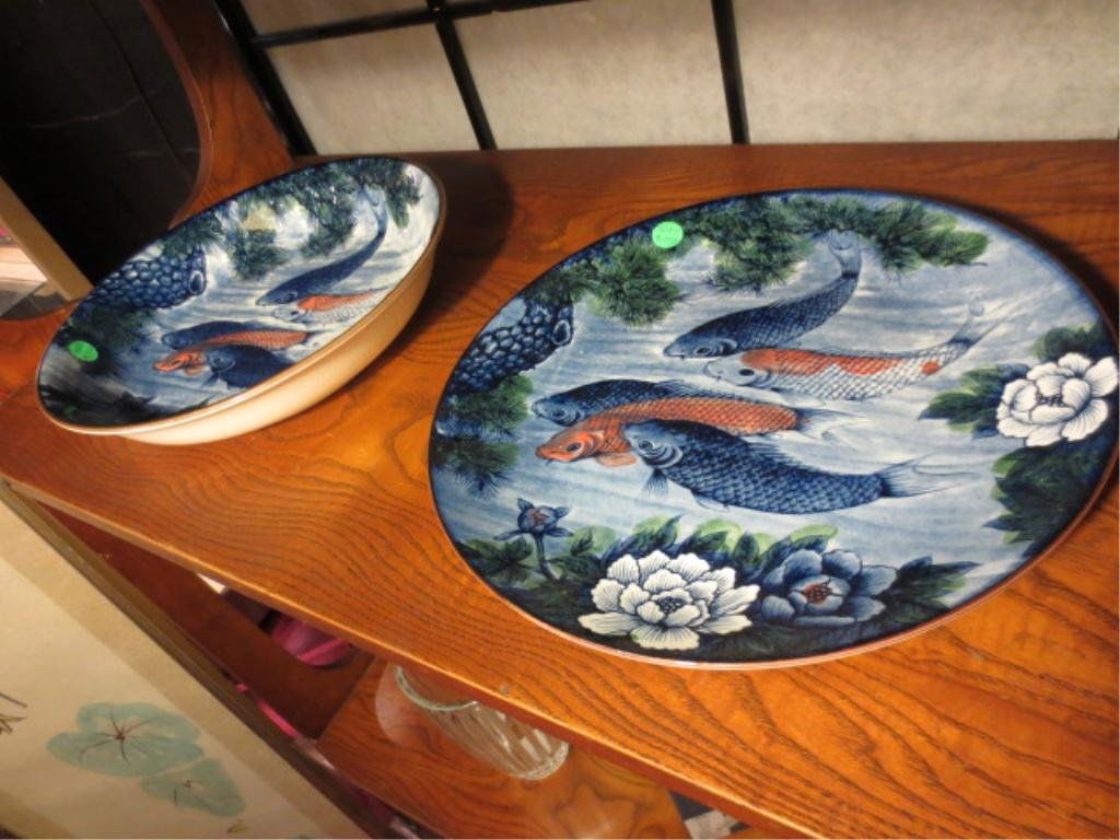 KOI FISH DESIGN PLATE & BOWL, WITH CHOPMARK SIGNATURE O: KOI FISH DESIGN PLATE & BOWL, WITH CHOPMARK SIGNATURE ON BACK, 12.5" & 12" DIAMETER ~~~ PLEASE NOTE: ARRANGEMENTS FOR SHIPPING AND PACKAGING ARE THE SOLE RESPONSIBILITY OF THE WINNING BIDDER. THE AUCT