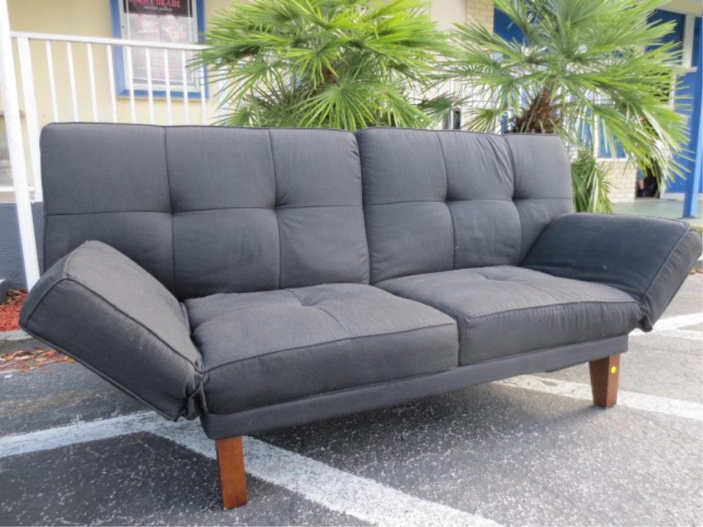 CONTEMPORARY FUTON, BLACK UPHOLSTERY, TUFTED BACK, ARMS: CONTEMPORARY FUTON, BLACK UPHOLSTERY, TUFTED BACK, ARMS AND BACK LAY FLAT TO FORM FULL BED, EXCELLENT CONDITION
