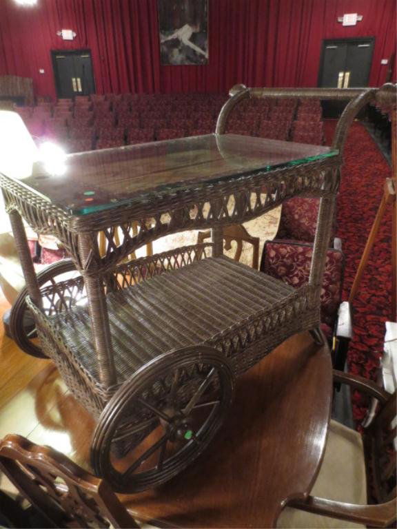 RATTAN BAR CART ON WHEELS, PALM PRINT TOP, APPROX 4'L: RATTAN BAR CART ON WHEELS, PALM PRINT TOP, APPROX 4'L