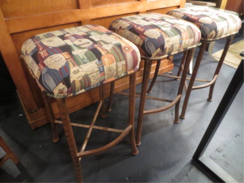 3 PC SET BARSTOOLS, METAL FRAMES, WINE AND LIQUOR LABLE: 3 PC SET BARSTOOLS, METAL FRAMES, WINE AND LIQUOR LABLE MOTIF SEAT UPHOLSTERY
