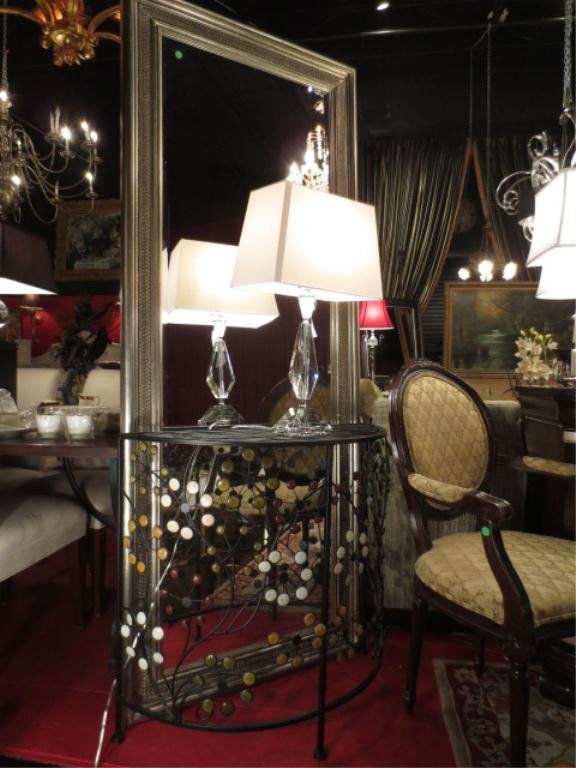 #2 OF TWO AVAILABLE BLACK METAL DEMILUNE CONSOLE TABLES: #2 OF TWO AVAILABLE BLACK METAL DEMILUNE CONSOLE TABLES, GLASS ACCENTS IN RED, WHITE, AND GREEN, BLACK FINISH FRAME, EACH CONSOLE SOLD SEPARATELY, APPROX 3.5'L