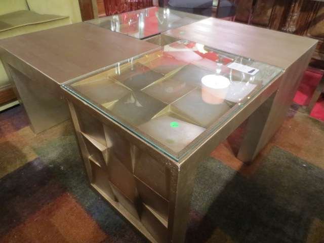 CONTEMPORARY SILVER FINISH WOOD COFFEE TABLE, SQUARE WI: CONTEMPORARY SILVER FINISH WOOD COFFEE TABLE, SQUARE WITH SCULPTURAL PANELS, APPROX 4' X 4'