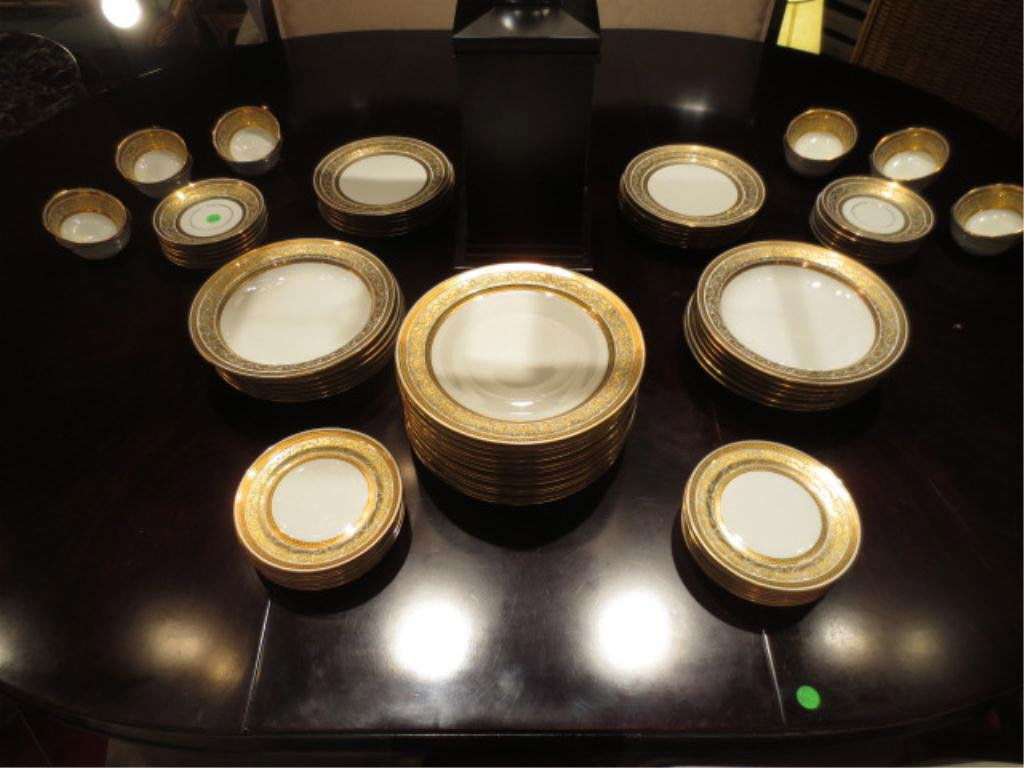 72 PC RARE L. BERNARDAUD & CO. LIMOGES "CHAMBORD" CHINA: 72 PC RARE L. BERNARDAUD & CO. LIMOGES "CHAMBORD" CHINA SERVICE FOR 12, MADE IN FRANCE, GOLD ENCRUSTED BANDS & GOLD SCROLLS, INCLUDES 12 PLATES, 12 SALAD PLATES, 12 BREAD PLATES, 12 BOWLS, 12 CUPS & 1
