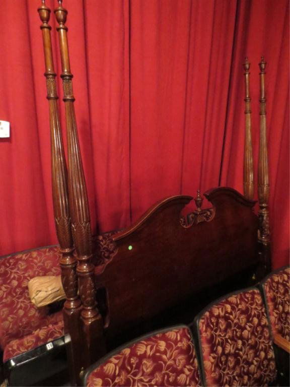 CHIPPENDALE STYLE MAHOGANY QUEEN FOUR POSTER BED, INCLU: CHIPPENDALE STYLE MAHOGANY QUEEN FOUR POSTER BED, INCLUDES HEADBOARD, FOOTBOARD, RAILS, SLATS, EXCELLENT CONDITION