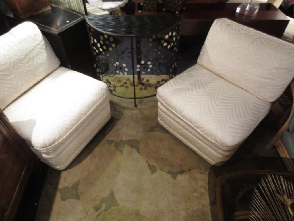 #1 OF TWO AVAILABLE PAIRS BAKER FURNITURE SLIPPER CHAIR: #1 OF TWO AVAILABLE PAIRS BAKER FURNITURE SLIPPER CHAIRS, WHITE UPHOLSTERY, EXCELLENT CONDITION, EACH PAIR SOLD SEPARATELY