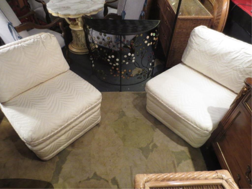 #2 OF TWO AVAILABLE PAIRS BAKER FURNITURE SLIPPER CHAIR: #2 OF TWO AVAILABLE PAIRS BAKER FURNITURE SLIPPER CHAIRS, WHITE UPHOLSTERY, EXCELLENT CONDITION, EACH PAIR SOLD SEPARATELY